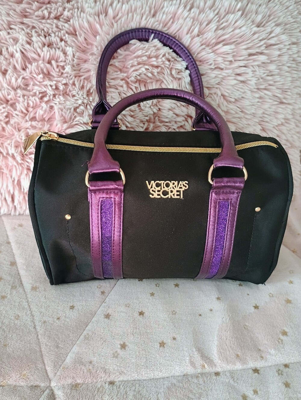 Victoria's Secret Black Satchel with Metallic Purple Handles